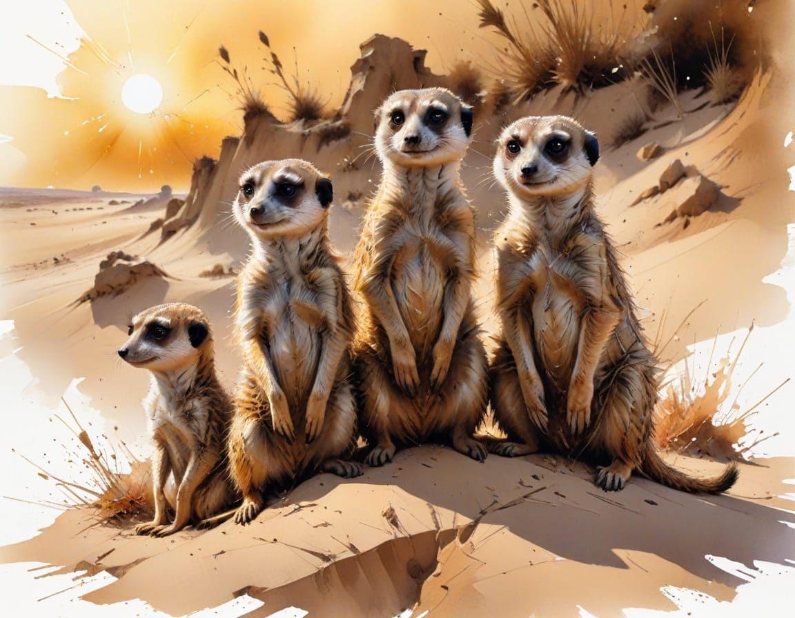 Playful Meerkat Family on Sandy Mound: Watercolour Art