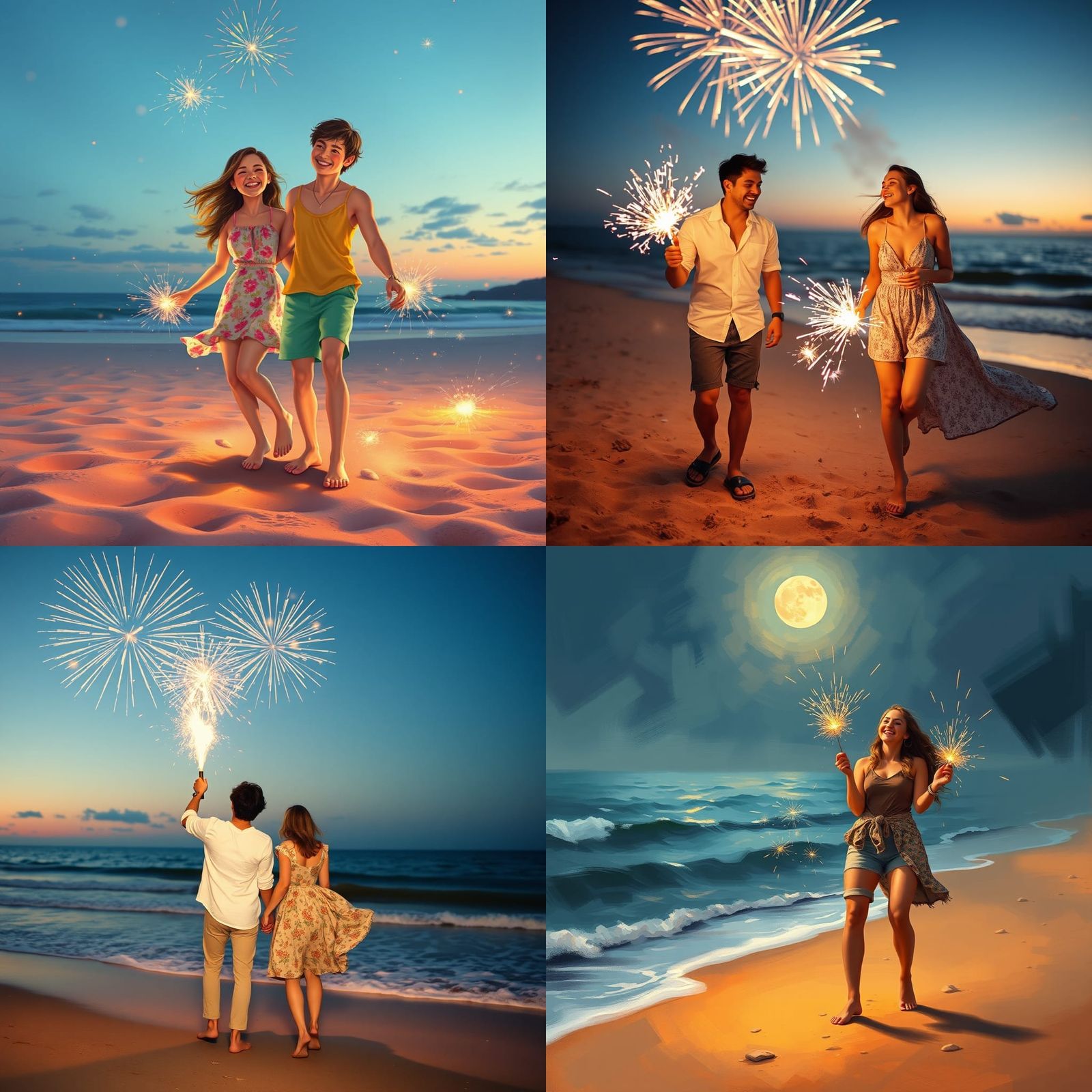 Couple Celebrates with Fireworks on Beach Shore