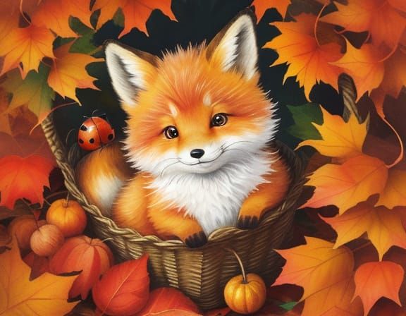 Fluffy Fox Cub in Autumn Leaves Illustration
