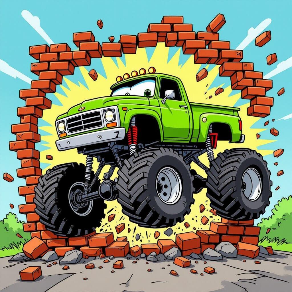 Monster Truck Smashes Brick Wall in Cartoon Style