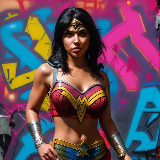 25 year old Dora, the explorer, dressed as a Wonderwoman