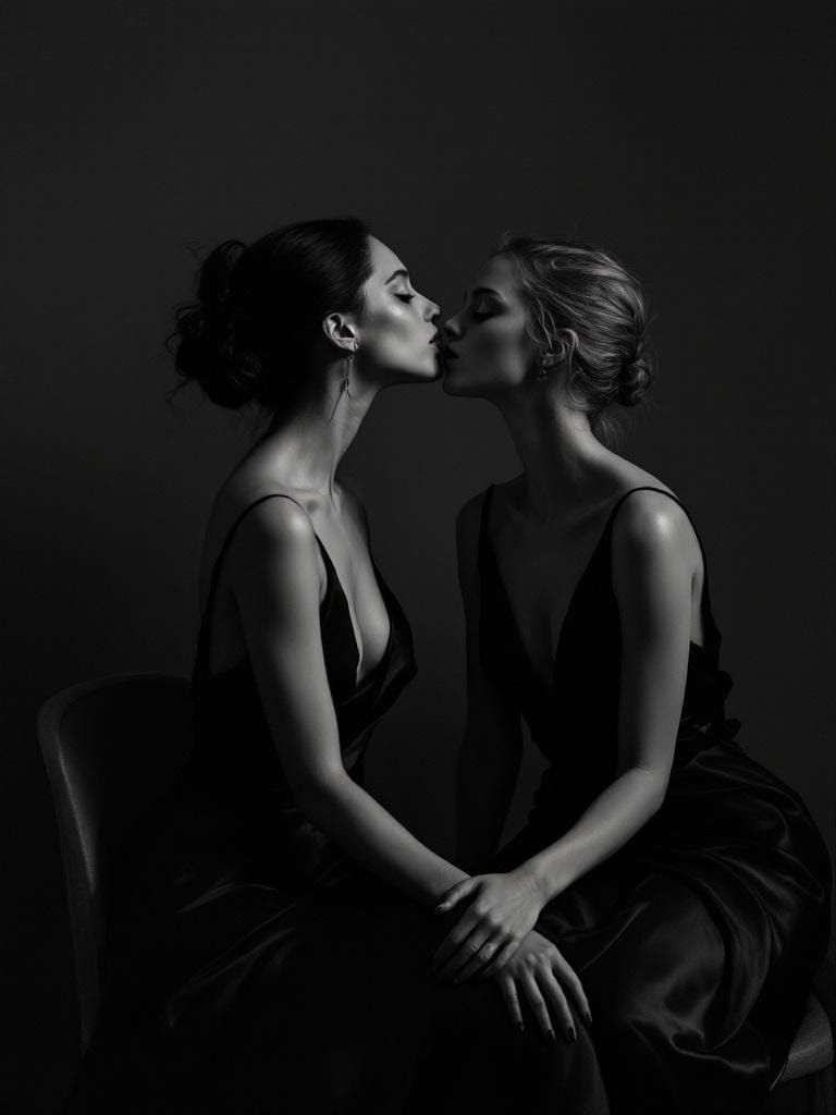 Two Women in Satin Gowns: Grayscale Fashion Editorial