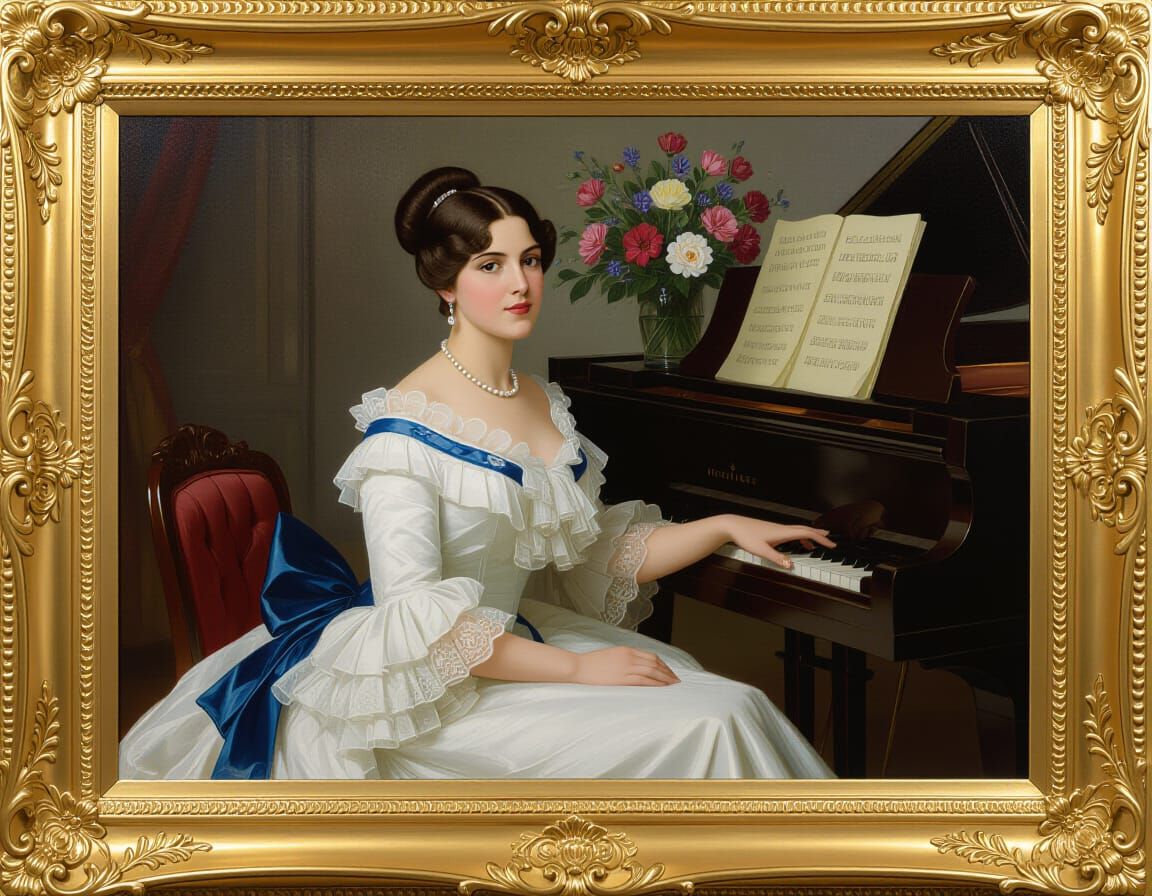 Elegant Woman in Ruffled Dress Beside Piano
