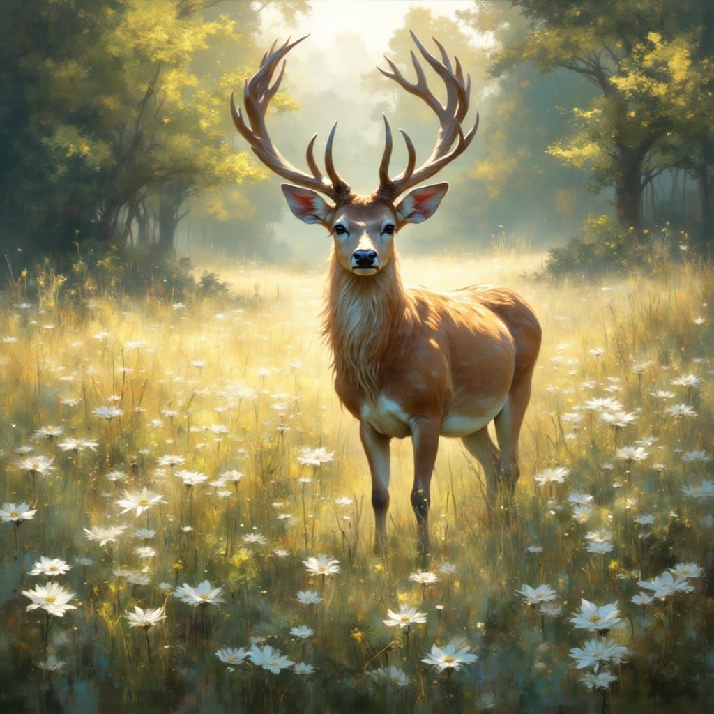 Ethereal Wildlife Scene with Deer in a Meadow of White Flowe...