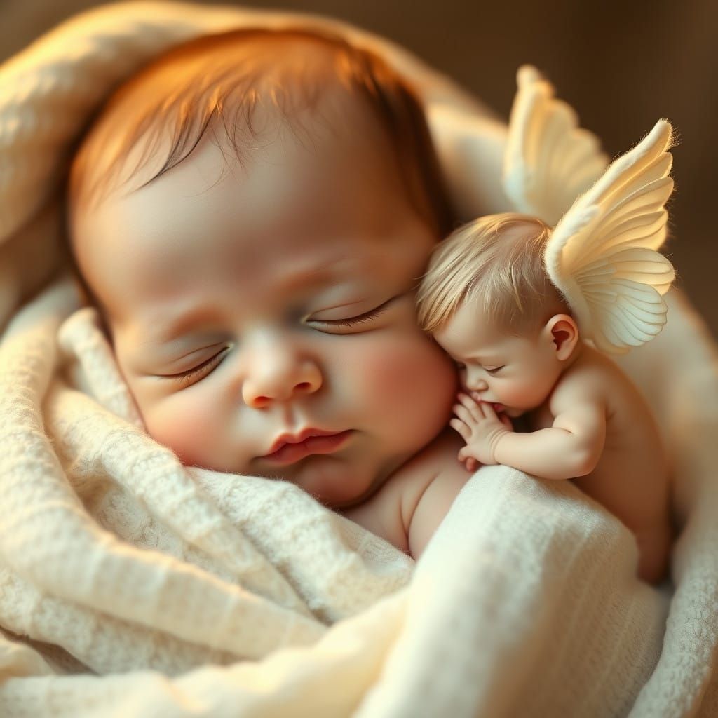 An extremely beautiful baby sleeping and a very small baby angel with wings kissing him