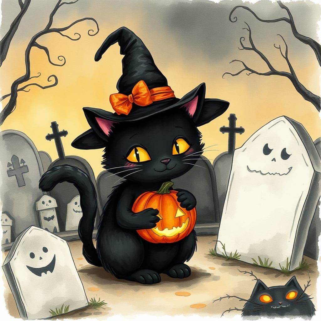 Halloween Cat in Graveyard, Watercolor Illustration