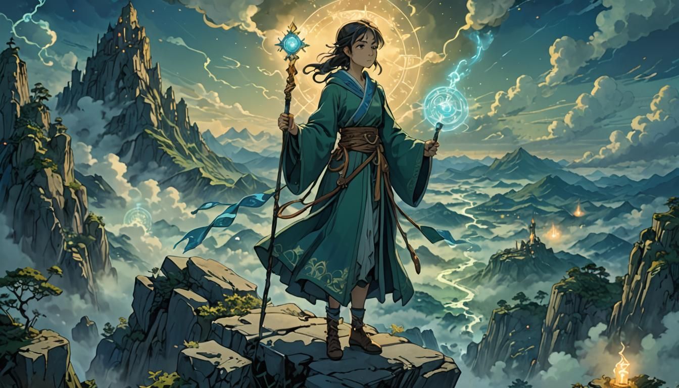 Anime Woman with Tarot Cards on Mountain