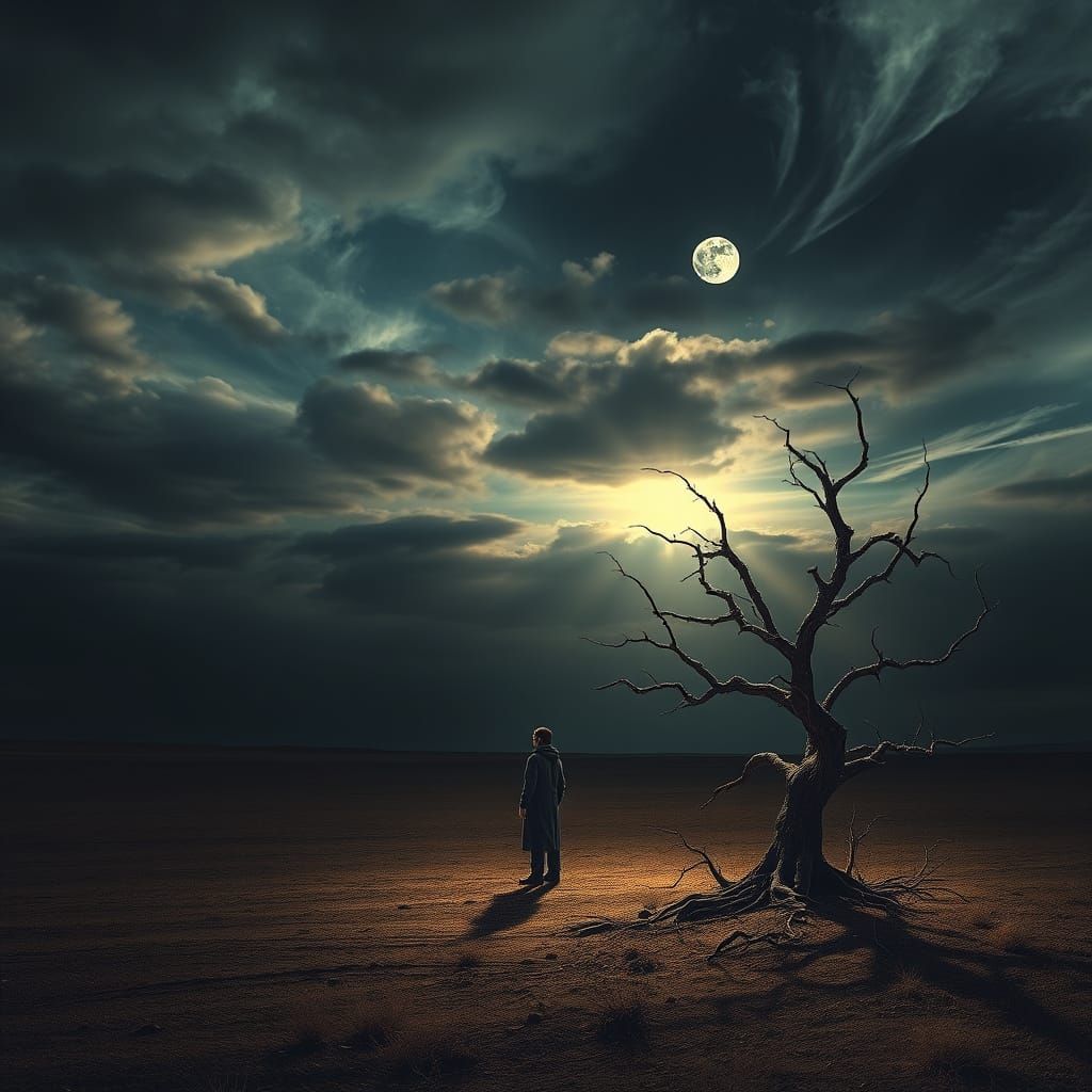 Isolated Figure Haunted by Spectral Memories in Stormy Lands...