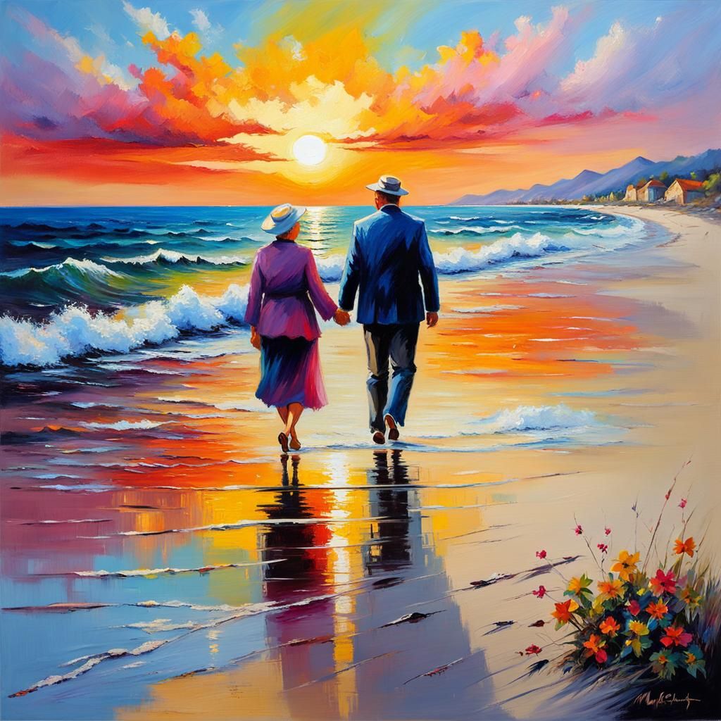 Romantic Beach Walk: Impressionistic Sunset Painting