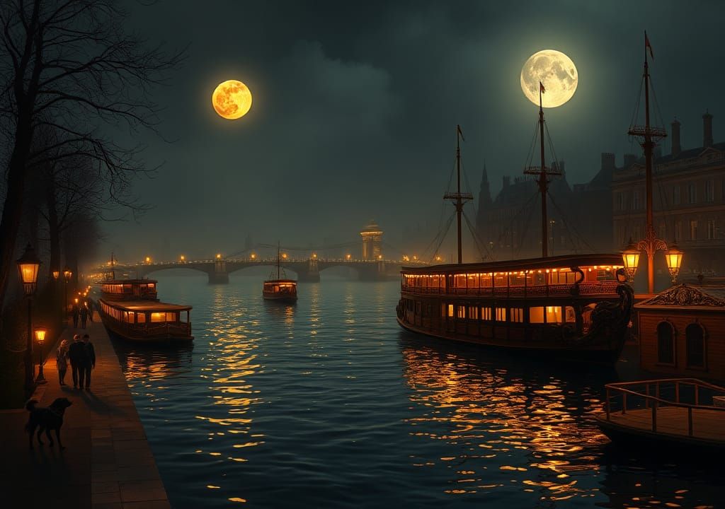 Victorian London Night Scene Under Moonlight