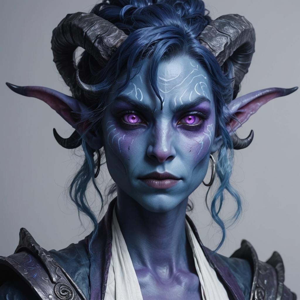 Beautiful Tiefling Woman with Blue Hair, Digital Art