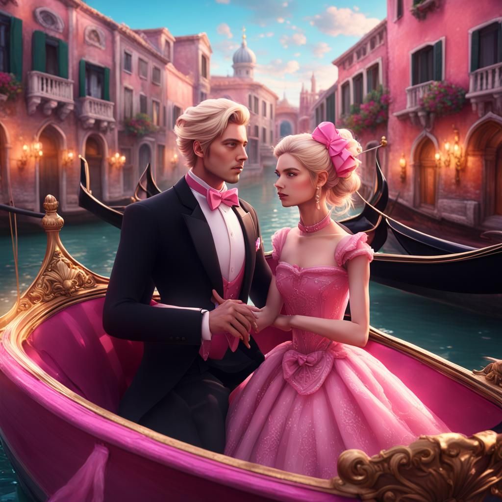 Anime Woman and Man in Gondola: Detailed Digital Painting