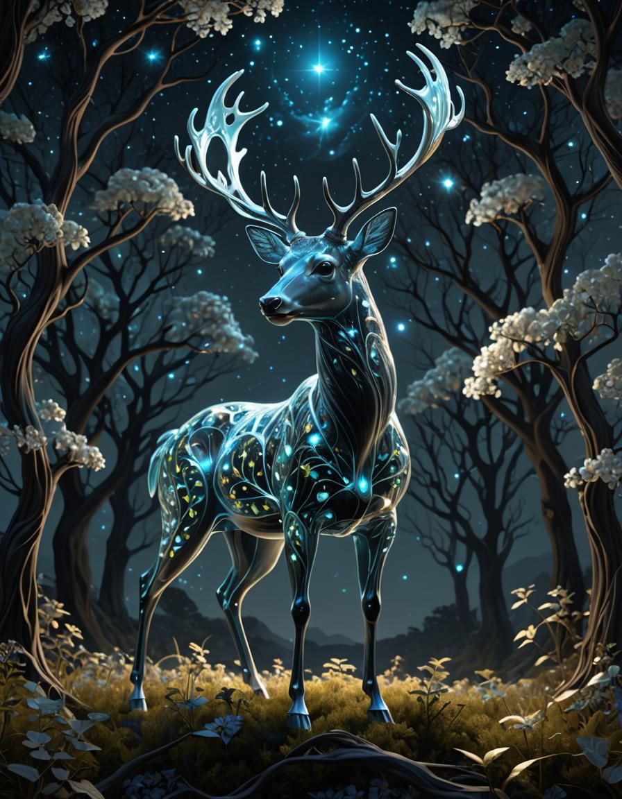 Glass Deer with Bioluminescent Fractal Antlers