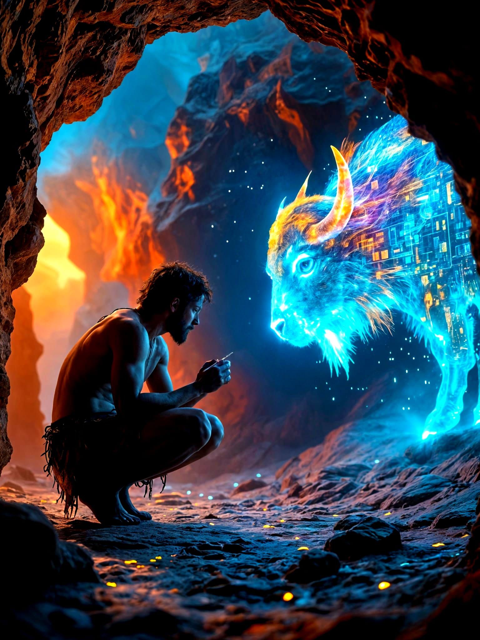 Neolithic Painter in Surreal Space with Holographic Data Ani...