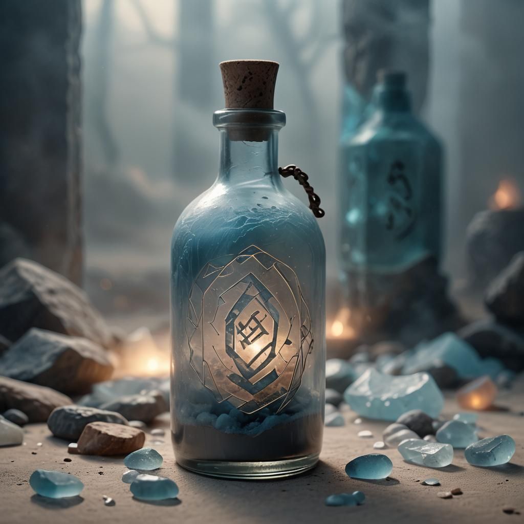 Ara in Dusty Bottle with Runes: Fantasy Concept Art
