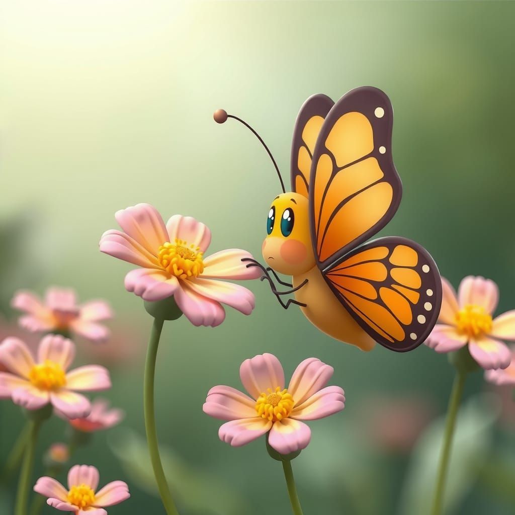 Confused Butterfly Cartoon Sniffing Fake Flower