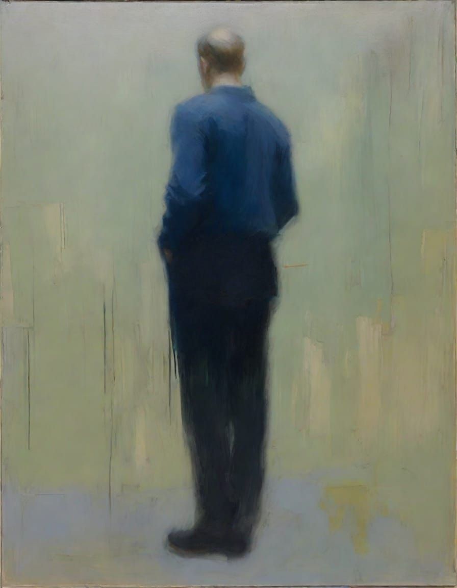Tonalist Oil Painting of Incomplete Man in Blue