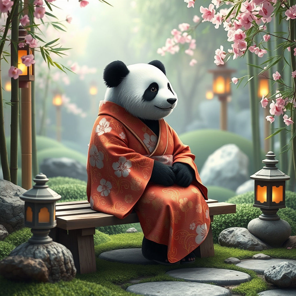 Panda in Kimono in Zen Garden, as 3D Anime Art