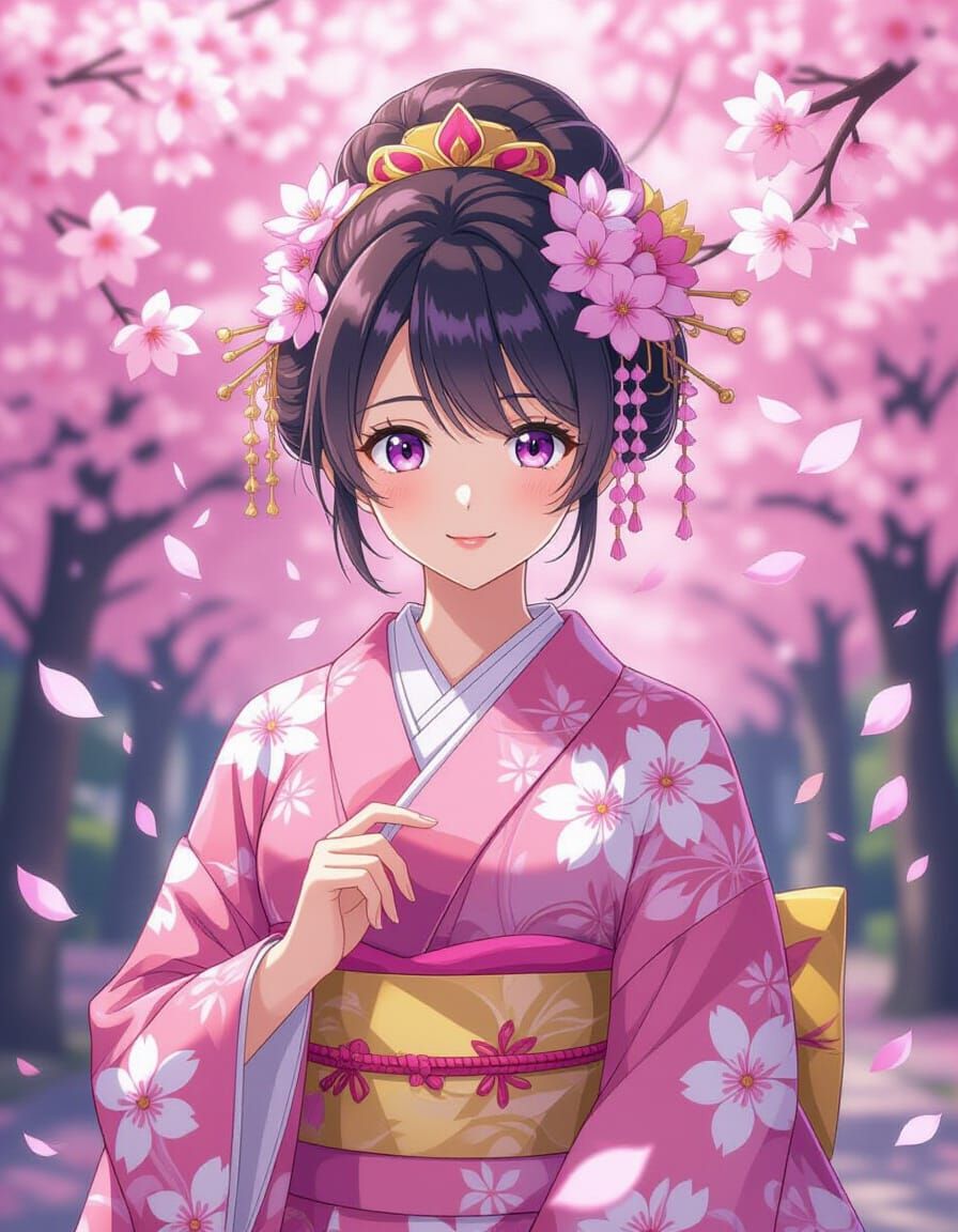 Anime Cherry Blossom Queen in Vibrant Kimonos