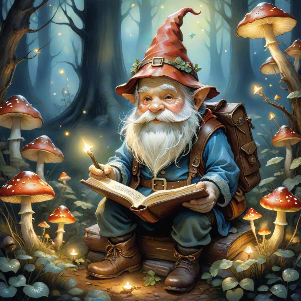 Gnome Reading by Firefly Light in Watercolor Style