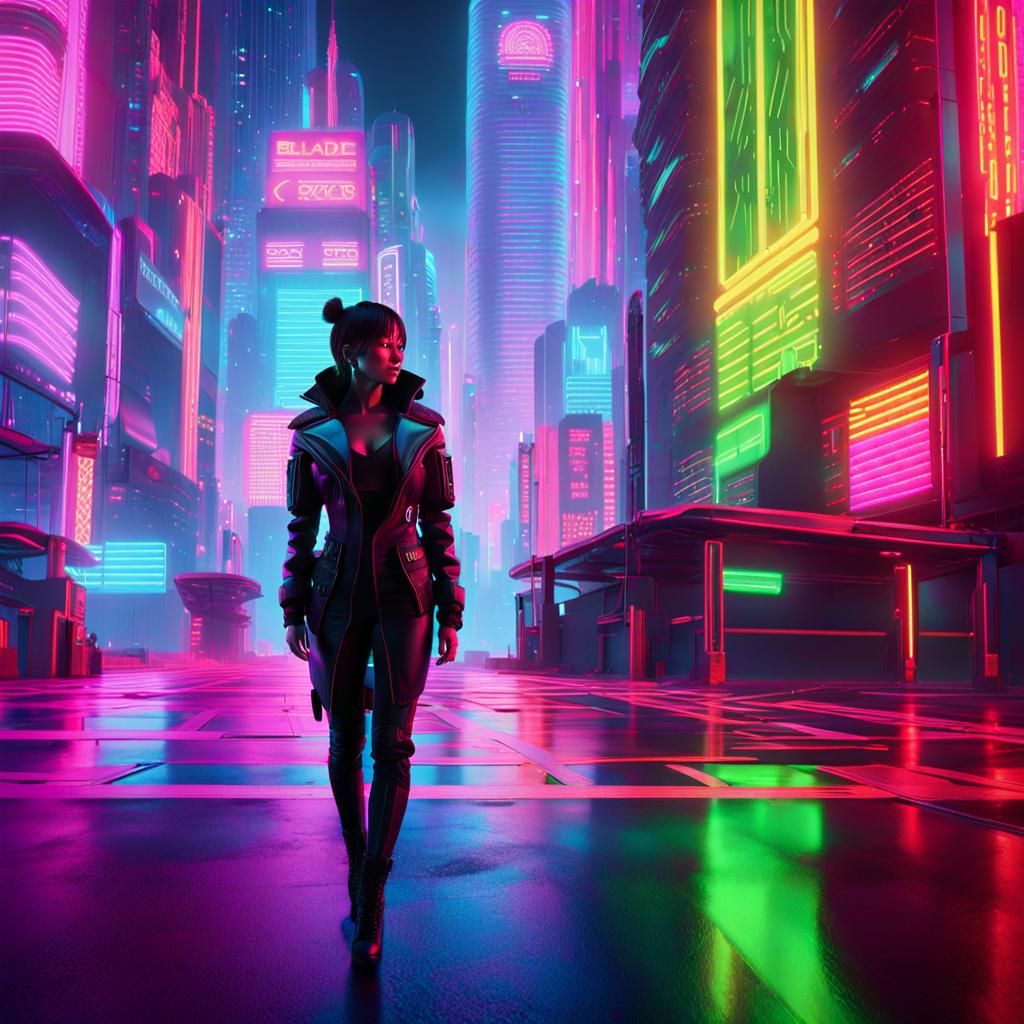Cyborg Woman in Neon Cyberpunk Cityscape