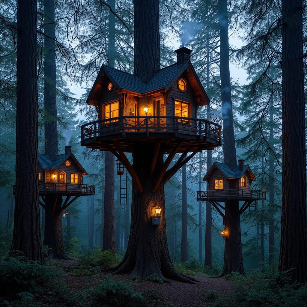 Rustic Treehouses in Twilight Forest