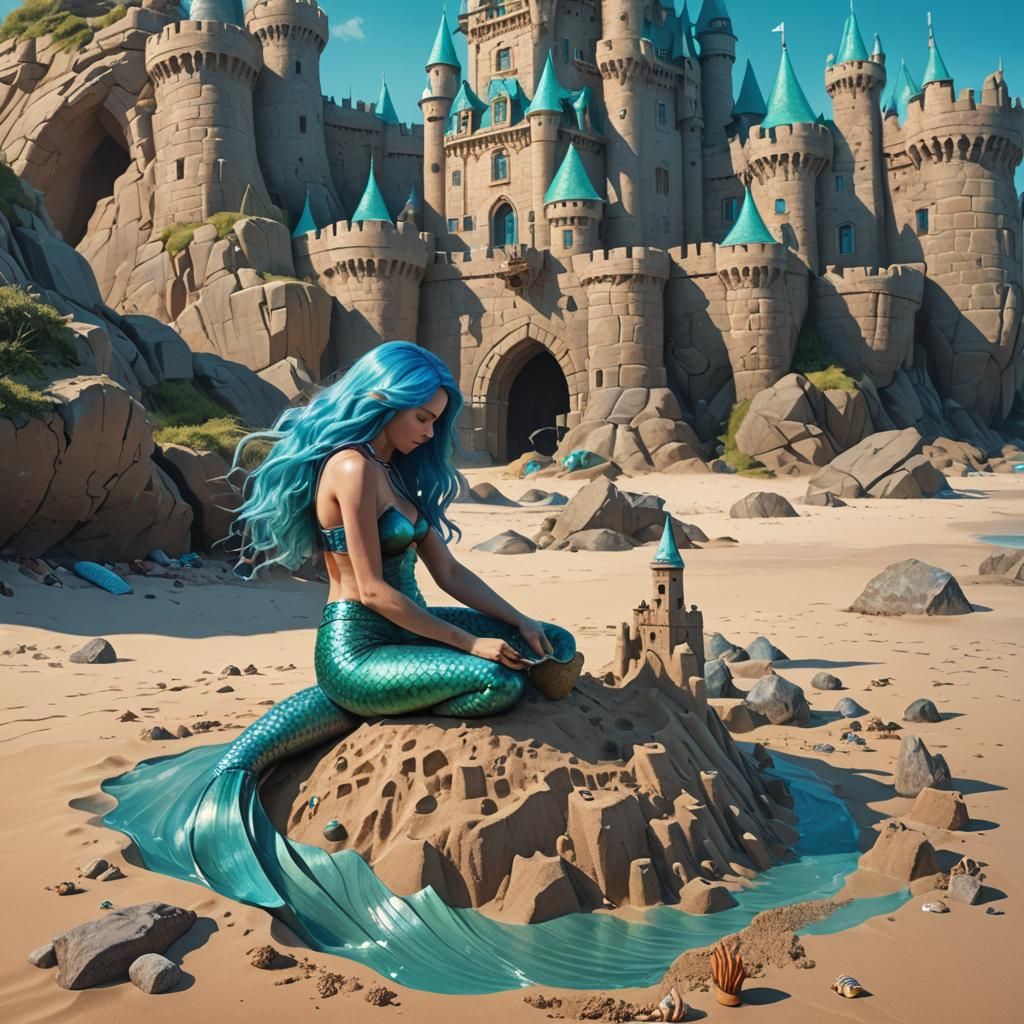 Mermaid Builds Sandcastle on Exotic Beach