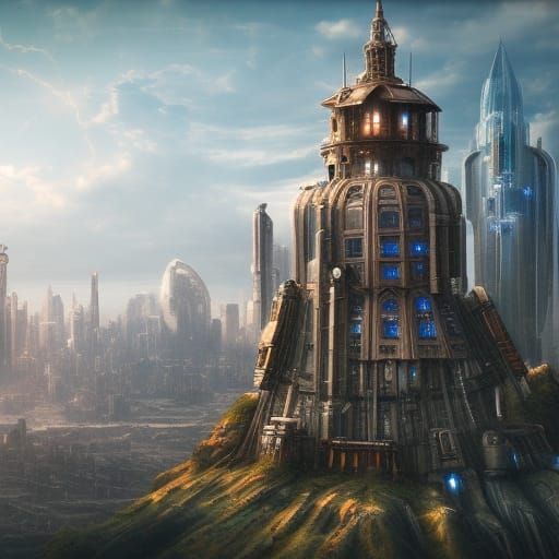 Cyberpunk Tower Amidst Nature: A Digital Painting