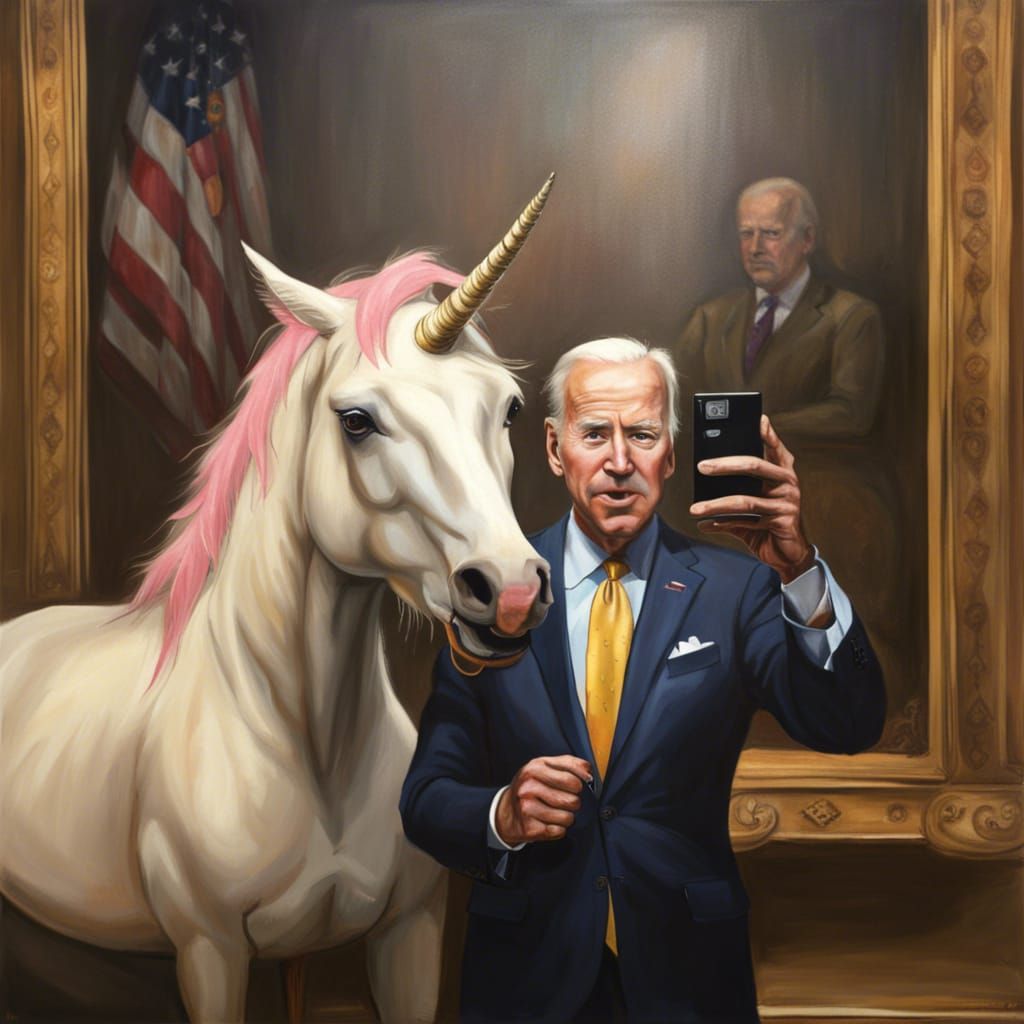 President Biden Selfie with Unicorn: Oil Painting