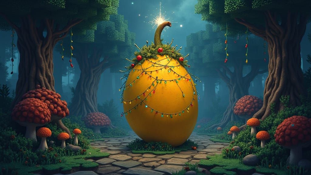 Surreal Christmas Mango in a Minecraft Landscape