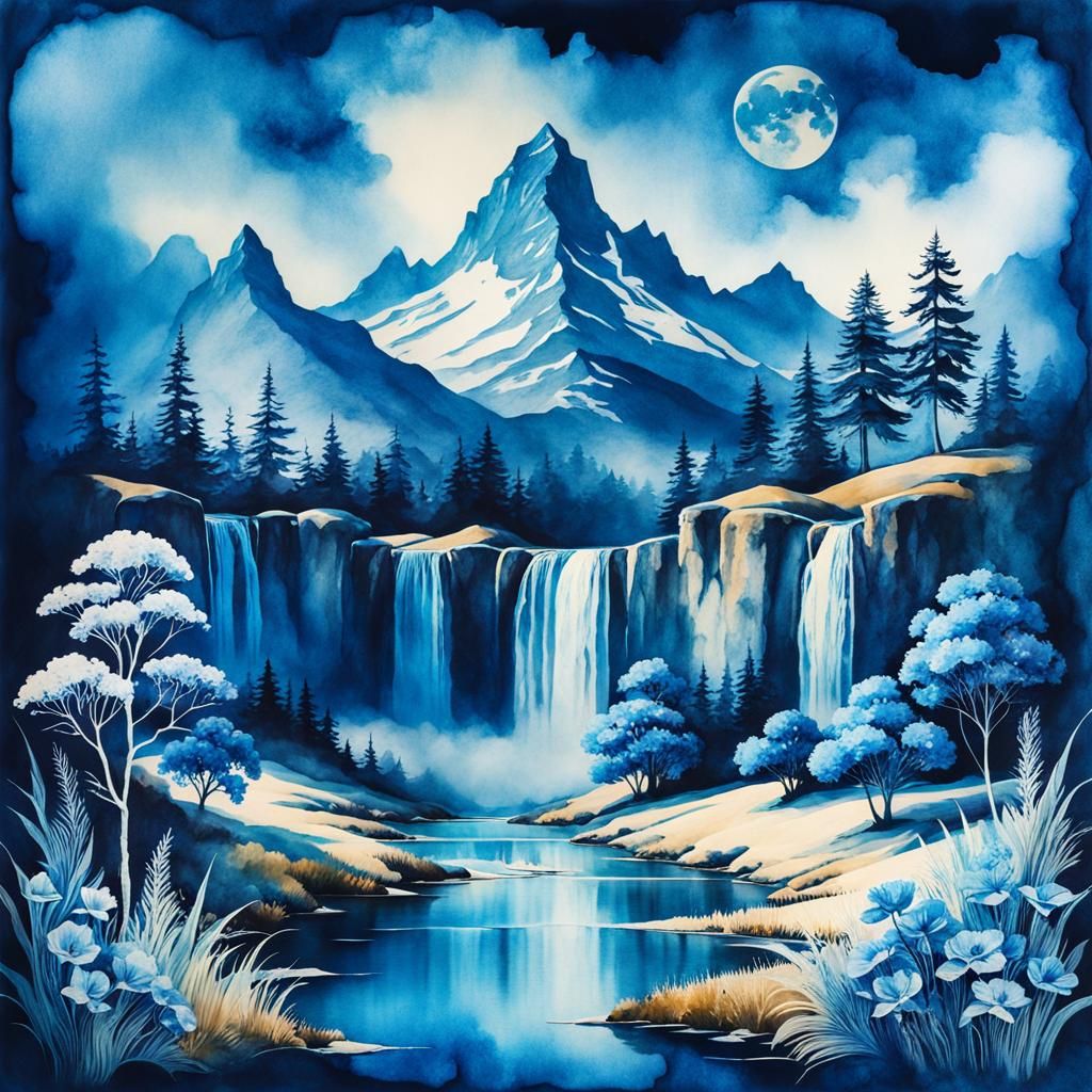 Ethereal Cyanotype Landscape with Alcohol Ink Details