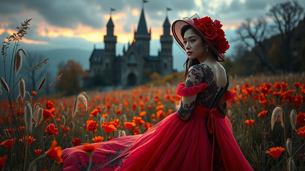 Crimson Gown in Twilight: A Gothic Portrait