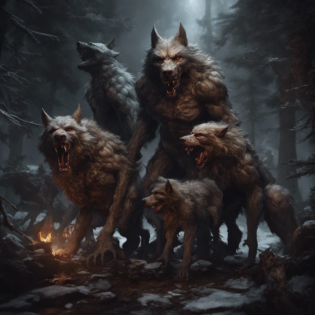 Hyperdetailed Werewolf Pack in Dark Fantasy Style