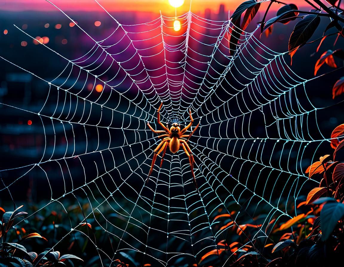 Neon Spider in Glowing Spiderweb: Detailed Digital Art