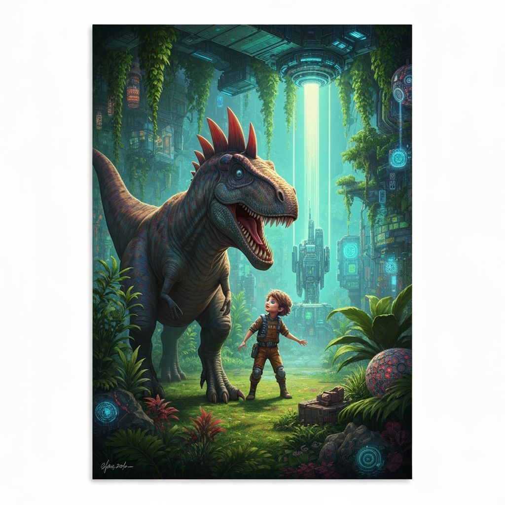 Dinosaur and Child Play in Lush Future Landscape