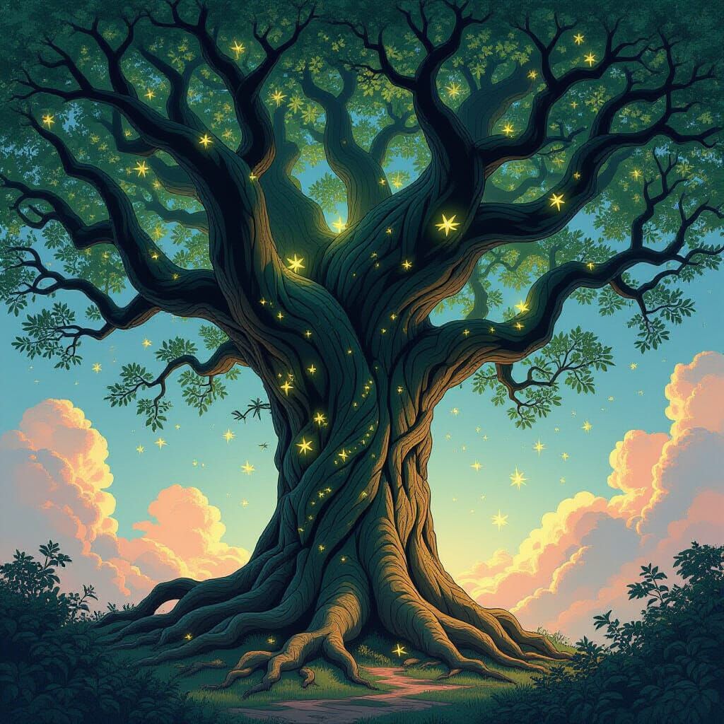 Ancient Celestial Tree with Luminescent Moss