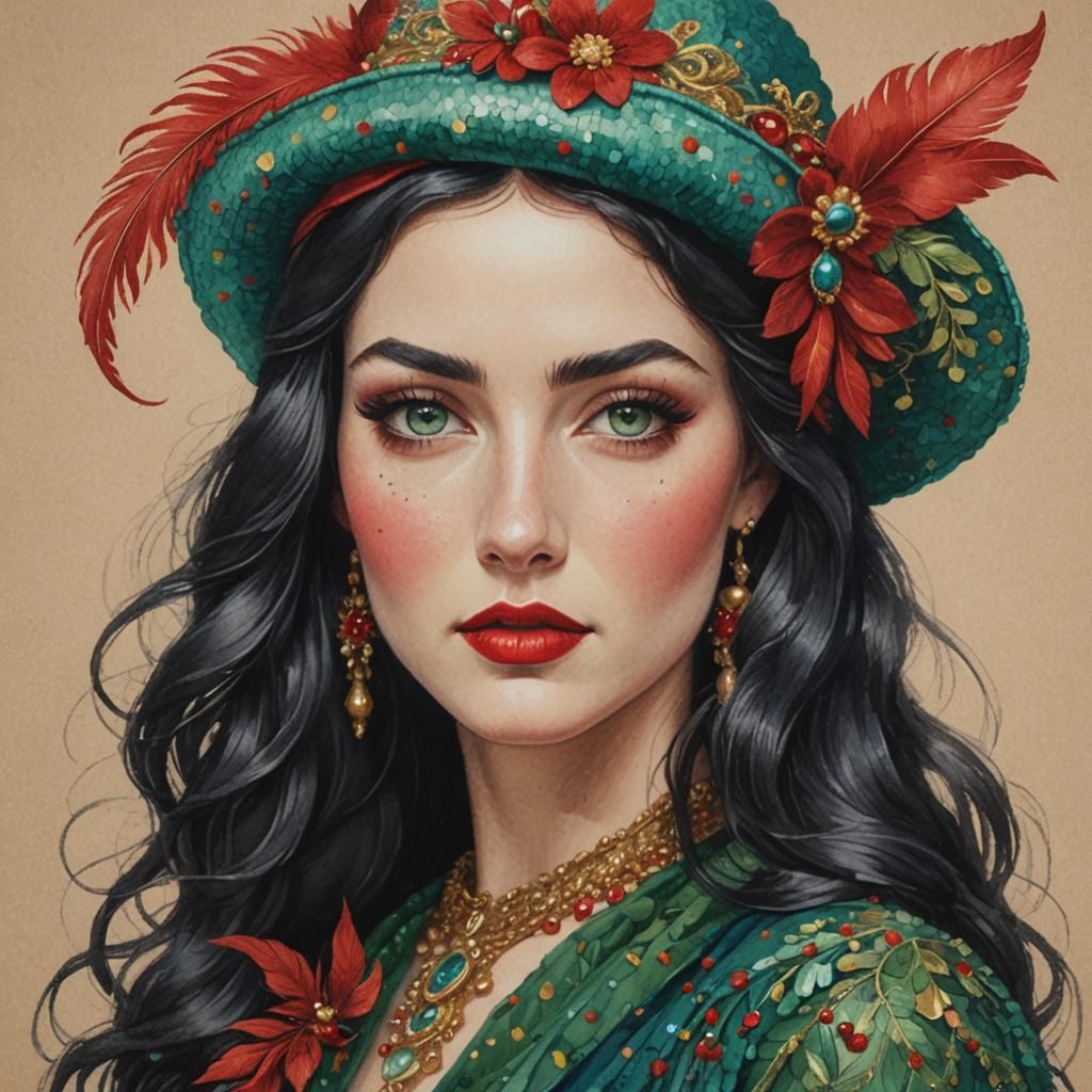 Pointillist Woman in Ornate Red Hat with Jewels