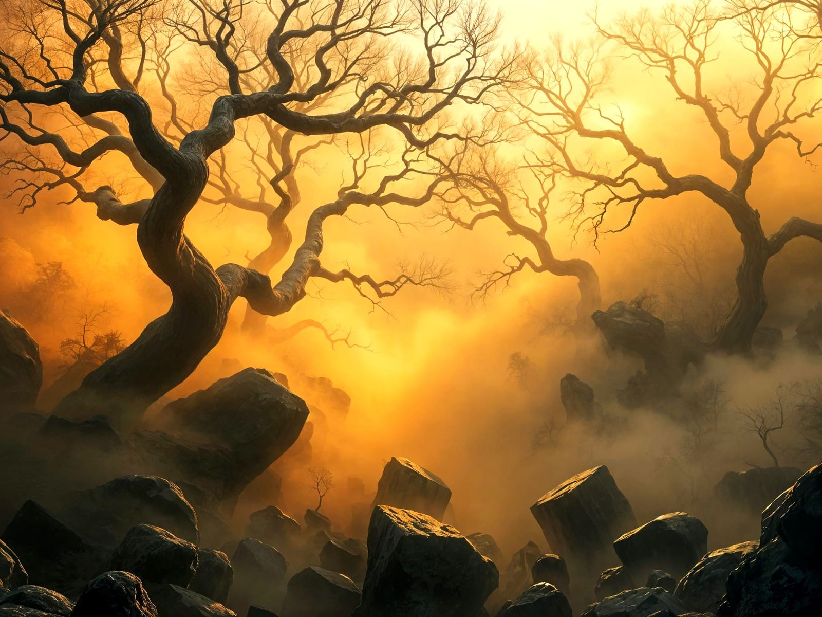 Twisted, Petrified Forests in a Golden, Amber Haze