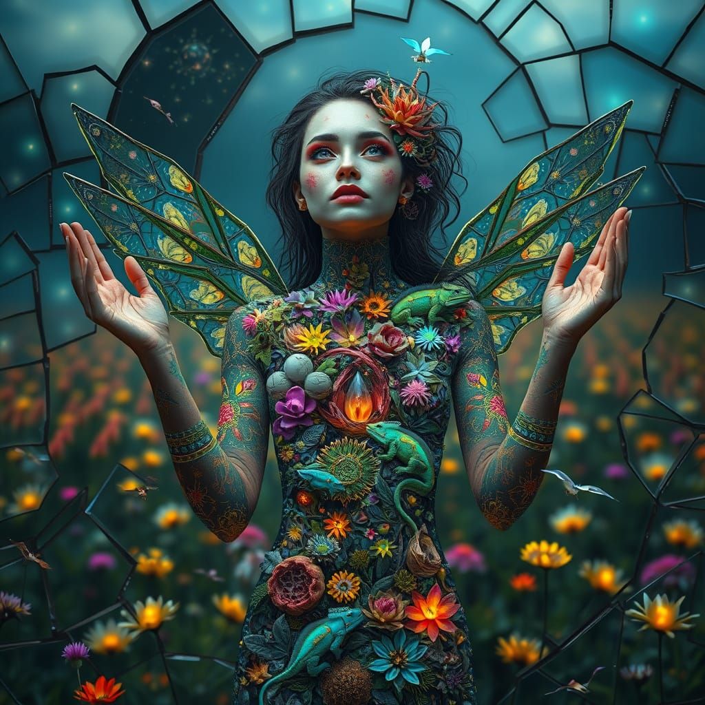 Woman Embodied as Ecosystemic Landscape, Glowing Chameleons,...