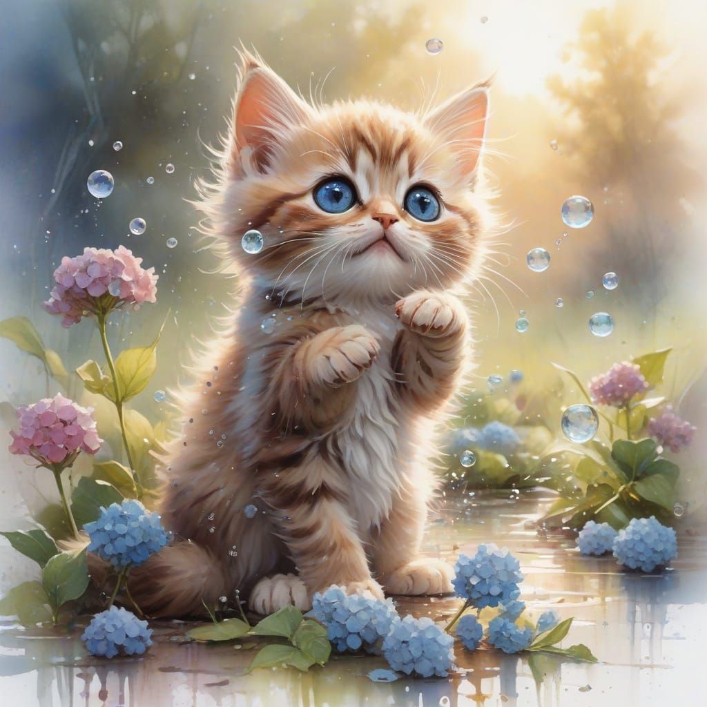Kawaii Kitten Plays with Bubbles in Hydrangea Field