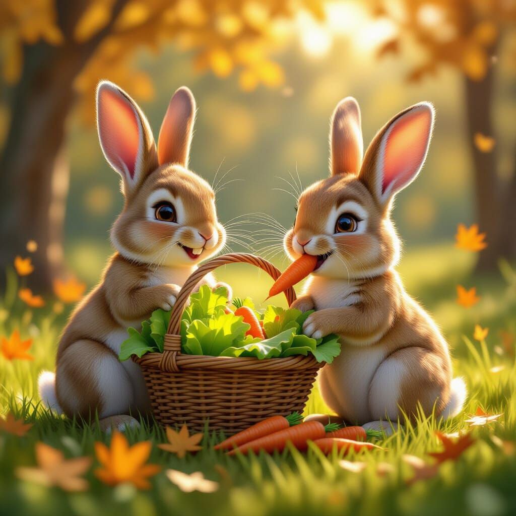 Anime Rabbits Gathering Carrots in Autumn Sunlight