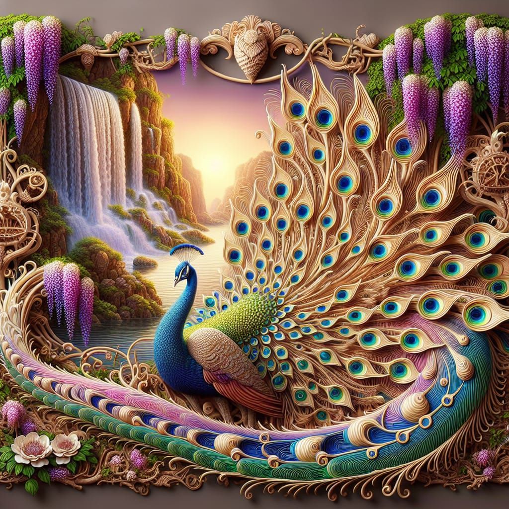 Stunning Peacock with Vibrant Tail in Maximalist Paradise