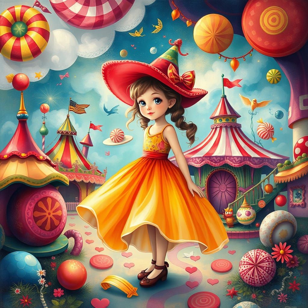 Surreal Carnival Wonderland Scene in Whimsical Pop Art Style