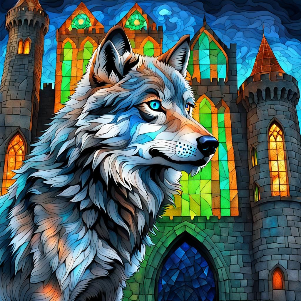 Wolf Amidst Castle Ruins in Vibrant Geometric Style