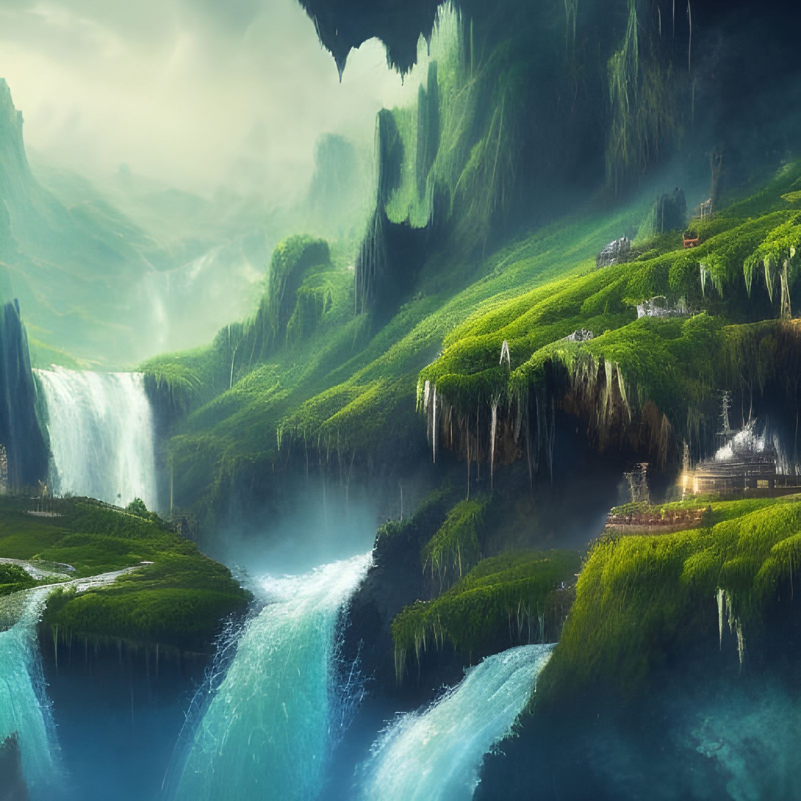 Floating Mountains and Waterfalls in Detailed Matte Painting