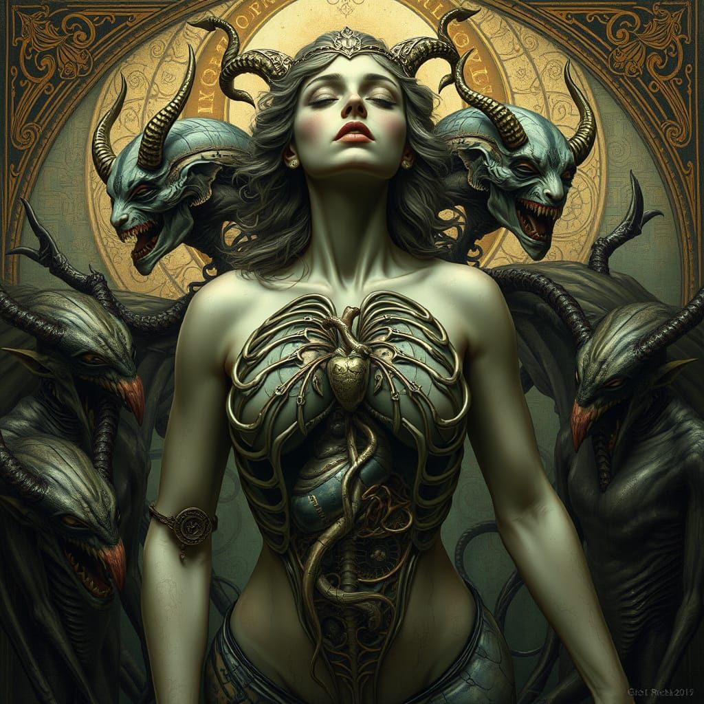 Surreal Art Nouveau Siren with Steampunk Heart in a Dark Got...