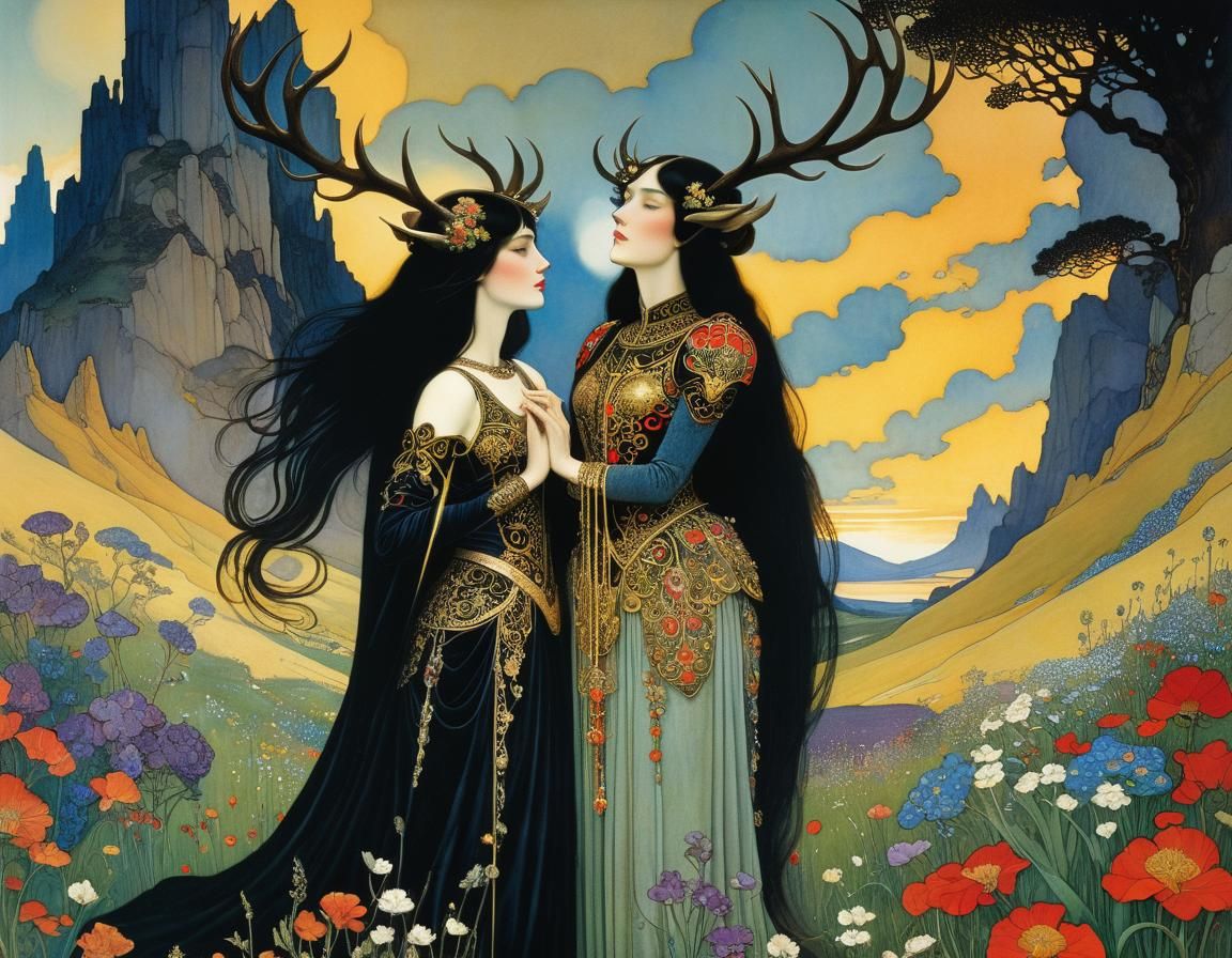 Woman with Antlers in Jewel-Toned Alpine Meadow