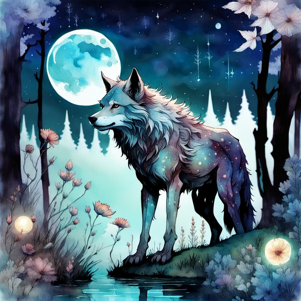 Werewolf in Moonlit Meadow: Digital Watercolor Art