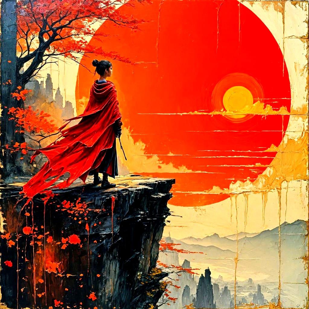 Asian Woman in Red Cloak at Sunset, as Splash Art