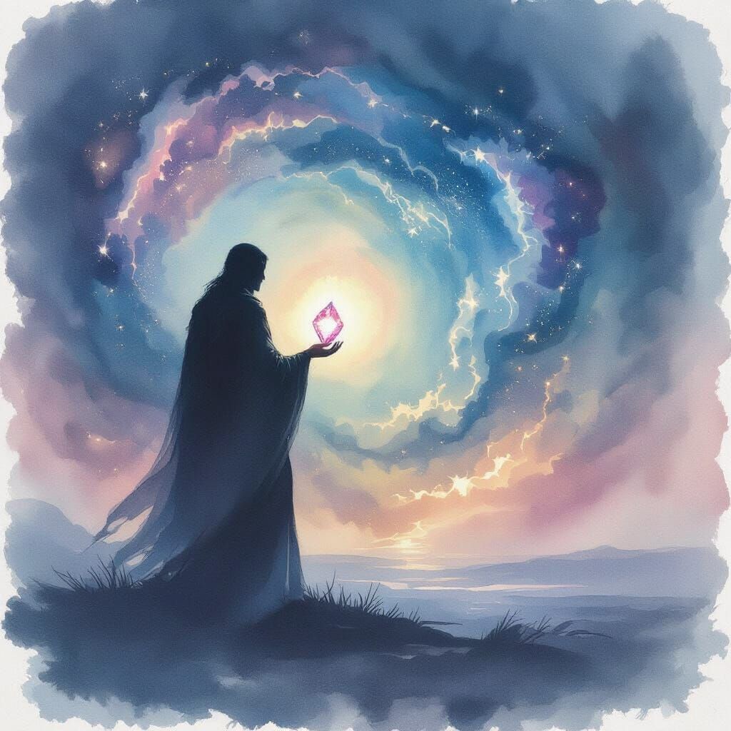 Figure in Swirling Nebula Holding Glowing Gemstone